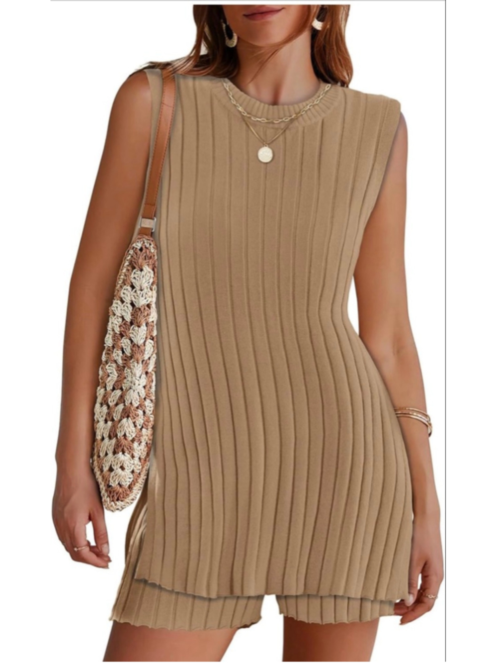 NEW 2 Piece Outfit Knit Sweater Sets Sleeveless Ribbed Tunic & Shorts M